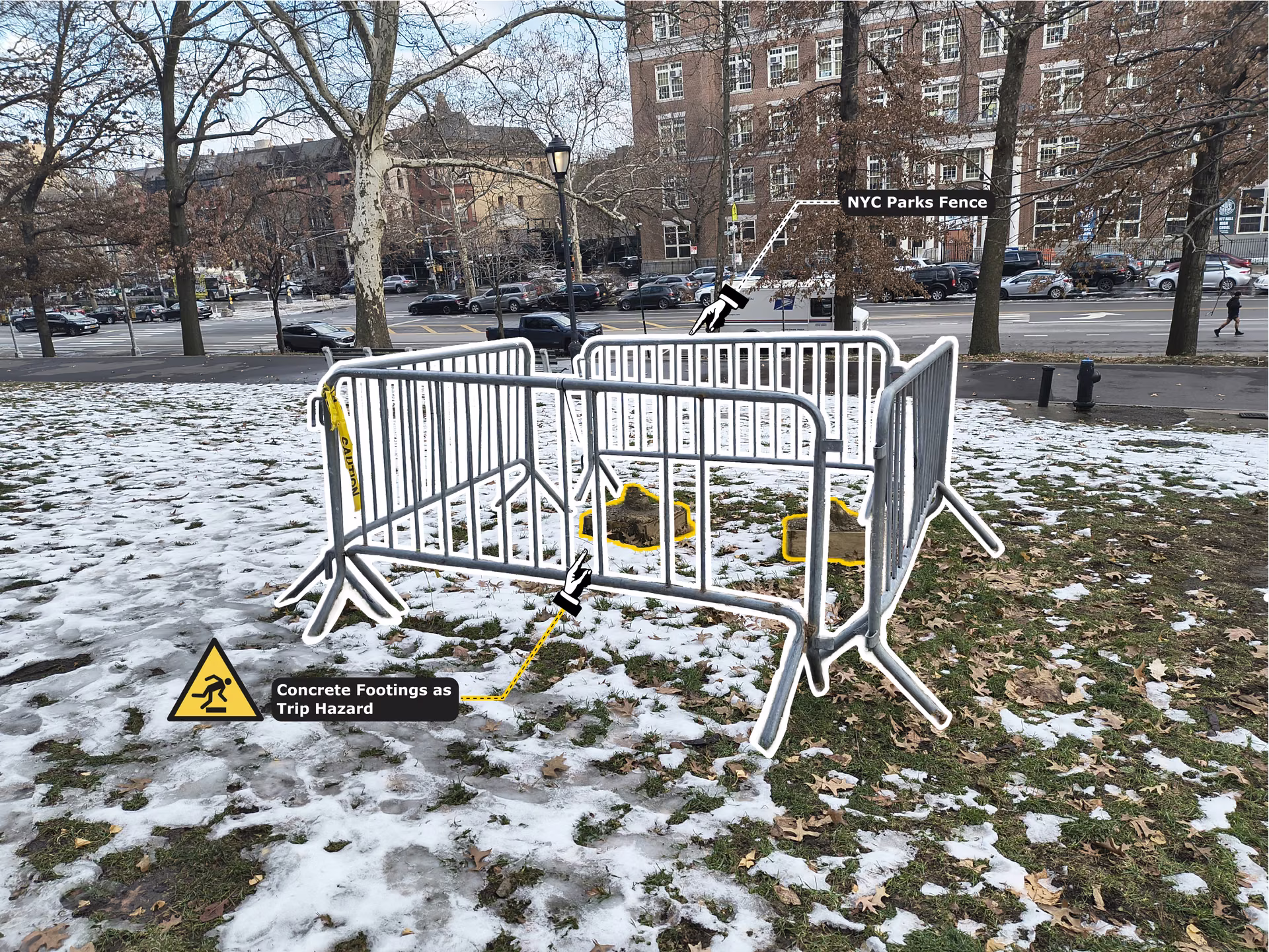 Parks fencing around the footings in winter